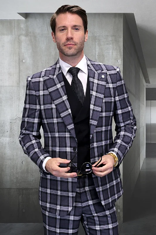 Men's One Button Wide Peak Lapel Vested Designer Wool Bold Windowpane Plaid Suit in Grey Masculine Men's Thick Masculine Men's Thick