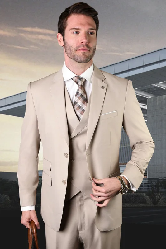 Men's Designer Classic Fit Pleated Pant Wool Suit with Double Breasted Vest in Tan Relaxed Men's Australian Relaxed Men's Australian Men's Designer Classic Fit Pleated Pant Wool Suit with Double Breasted Vest in Tan Relaxed Men's Australian Relaxed Men's Australian