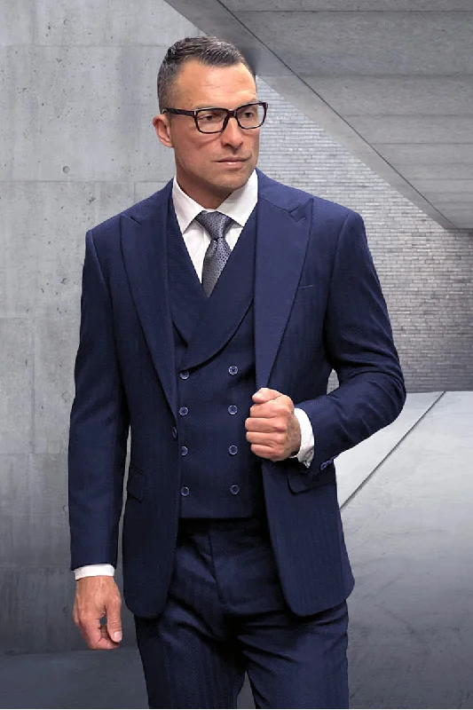 Men's Designer One Button Peak Lapel Vested Wool Suit in Navy Pinstripe Earthy Men's Hemp Earthy Men's Hemp Men's Designer One Button Peak Lapel Vested Wool Suit in Navy Pinstripe Earthy Men's Hemp Earthy Men's Hemp