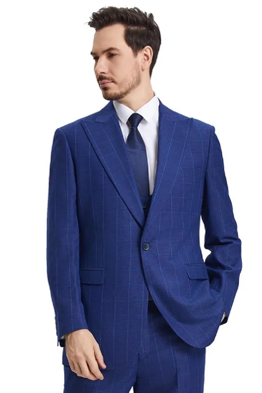 Men's Stacy Adams Peak Lapel Blue Windowpane Plaid Suit with a Scoop Neck Vest Adventure Adventure