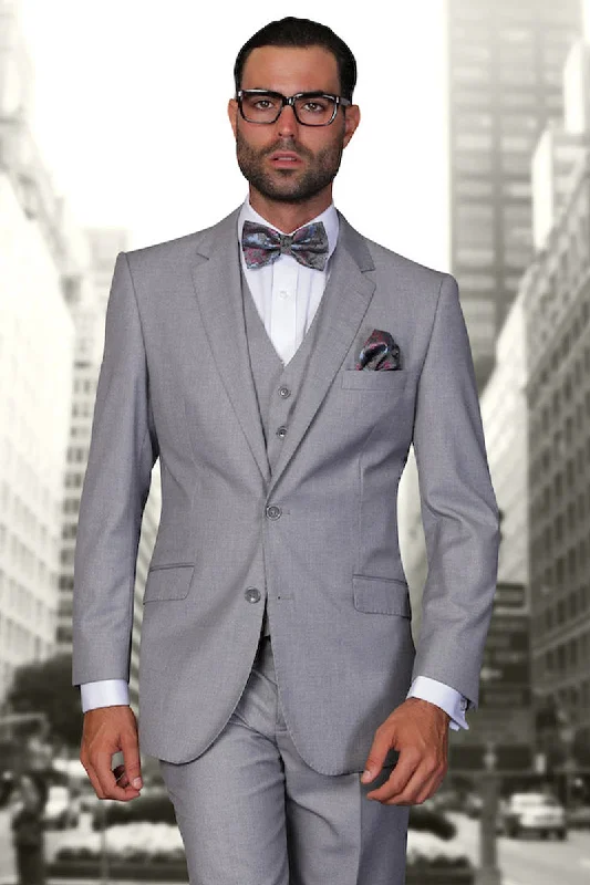 Men's Designer Vested Modern Fit Wool Wedding & Business  Suit in Grey Organic Organic