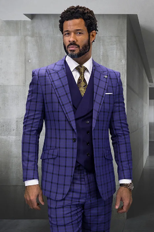Men's Single Button Designer Wool Suit With Double Breasted Vest in Sapphire Blue Windowpane Plaid Cool Men's Distressed Cool Men's Distressed