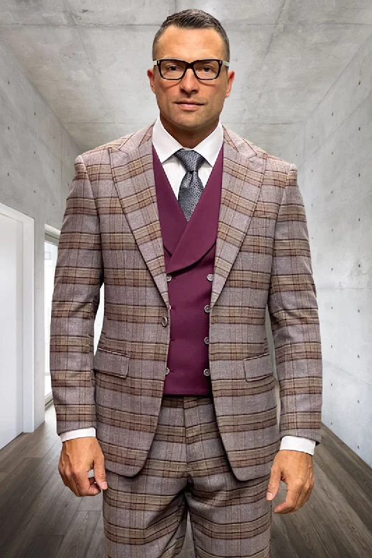 Men's Vested One Button Peak Lapel Wool Suit in Burgundy Windowpane Plaid Elegant Men's Cashmere Elegant Men's Cashmere