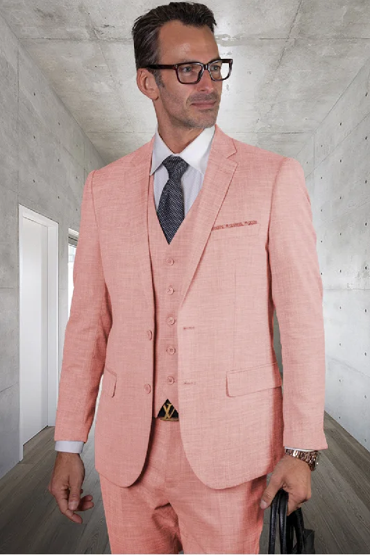Men's Designer Modern Fit Vested Wool Sharkskin Suit in Pink Tailored Tailored