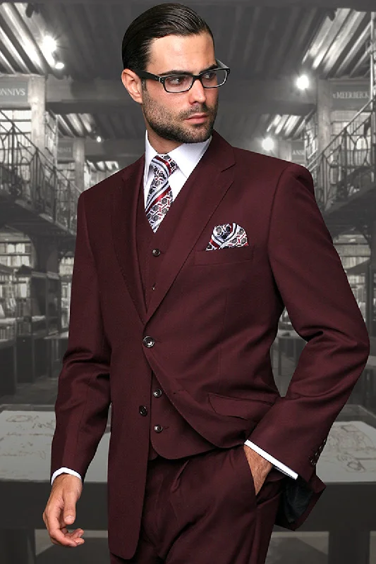 Men's Modern Fit Designer Vested Extra Long Wool Suit in Burgundy Vacation Vacation