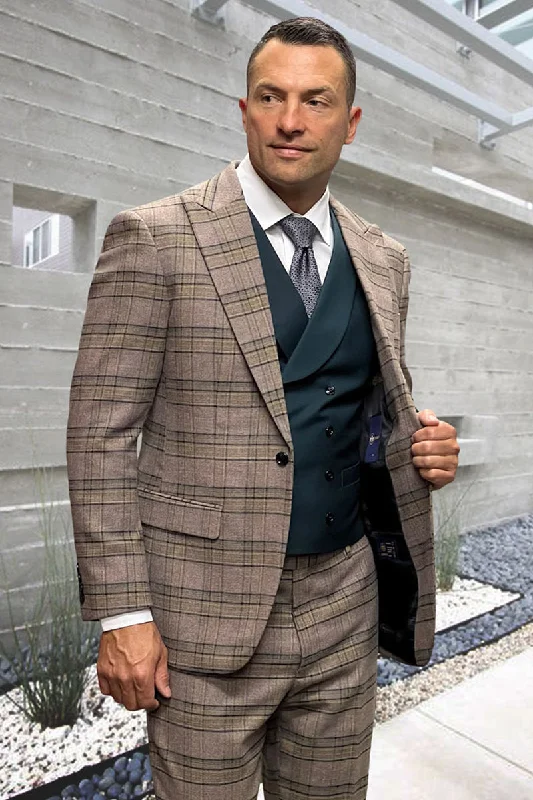 Men's Vested One Button Peak Lapel Wool Suit in Jade Green & Brown Windowpane Plaid Tough Men's Military Tough Men's Military