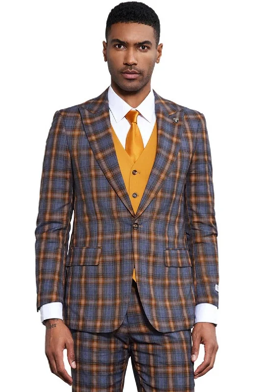 Men's Stacy Adams Bold Windowpane Plaid Print Vested Suit in Grey & Gold Casual Men's Short Casual Men's Short
