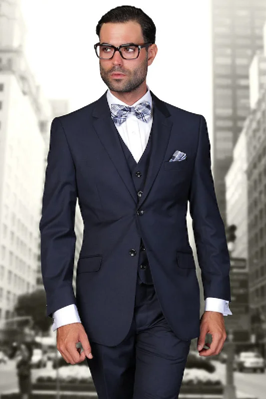 Men's Designer Vested Modern Fit Wool Wedding & Business Suit in Navy Blue Monochromatic All Monochromatic All Men's Designer Vested Modern Fit Wool Wedding & Business Suit in Navy Blue Monochromatic All Monochromatic All