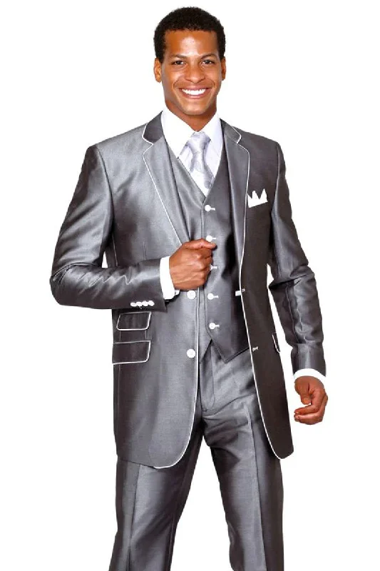 Mens Vested Slim Fit Shiny Sharkskin Tuxedo Suit in Silver Grey with White Piping Unique Men's Upcycled Unique Men's Upcycled