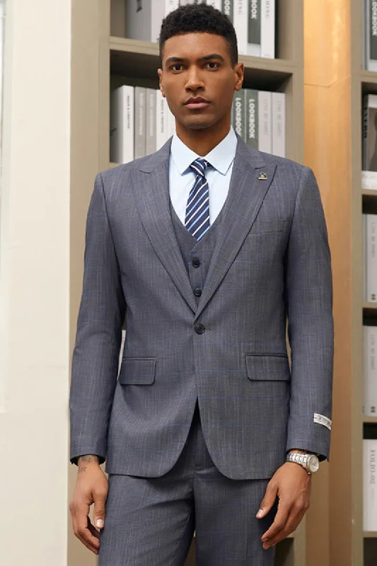 Men's Stacy Adam's One Button Vested Peak Lapel Suit in Grey & Blue Windowpane Plaid Trendy Men's Oversized Trendy Men's Oversized