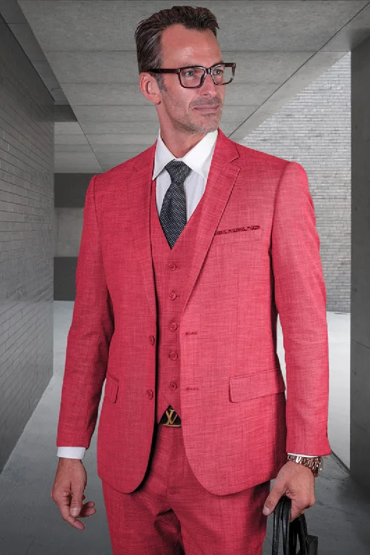 Men's Designer Modern Fit Vested Wool Sharkskin Suit in Magenta Laid Laid