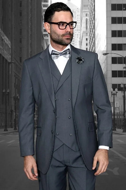 Men's Designer Classic Fit Pleated Pant Wool Suit with Double Breasted Vest in Charcoal Grey Beach Beach Men's Designer Classic Fit Pleated Pant Wool Suit with Double Breasted Vest in Charcoal Grey Beach Beach