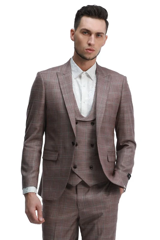 Men's One Button Slim Fit Double Breasted Vest Suit in Rose Pink Plaid British Gentleman Style British Gentleman Style Men's One Button Slim Fit Double Breasted Vest Suit in Rose Pink Plaid British Gentleman Style British Gentleman Style