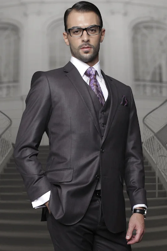 Men's Designer Classic Fit Pleated Pant Vested Wool Suit in Charcoal Monochromatic Office Style Monochromatic Office Style Men's Designer Classic Fit Pleated Pant Vested Wool Suit in Charcoal Monochromatic Office Style Monochromatic Office Style