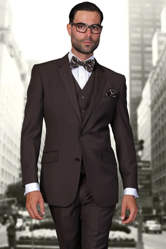 Men's Modern Fit Designer Vested Extra Long Wool Suit in Brown Dynamic Men's Moto Dynamic Men's Moto