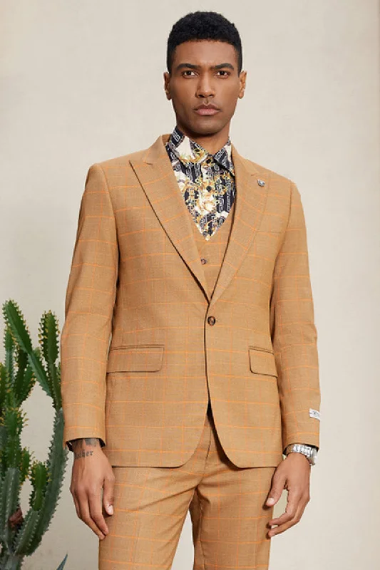 Men's Stacy Adam's One Button Windowpane Plaid Suit with Reversible Vest in Orange Rust Polished Men's Silk Polished Men's Silk