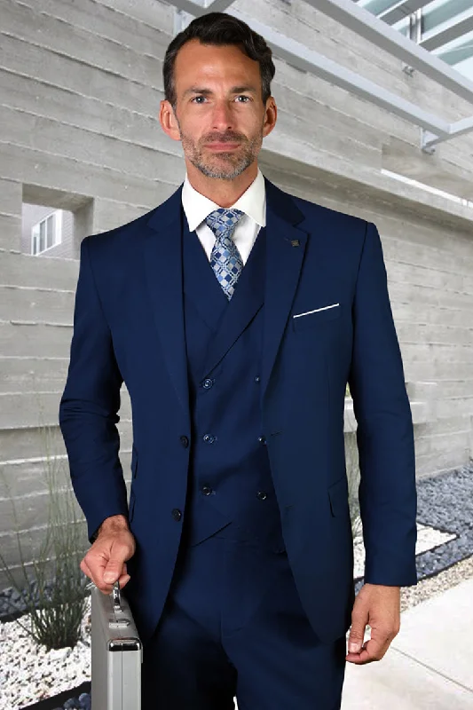Men's Modern Fit Designer Wool Suit in Sapphire Blue with a Double Breasted Vest Traditional Men's Wool Traditional Men's Wool Men's Modern Fit Designer Wool Suit in Sapphire Blue with a Double Breasted Vest Traditional Men's Wool Traditional Men's Wool