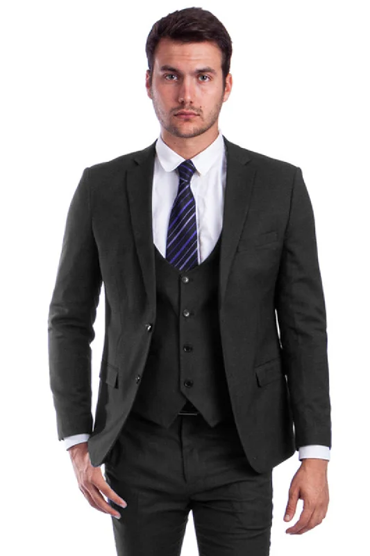 Men's Two Button Skinny Fit Vested Suit in Black Vacation Vacation