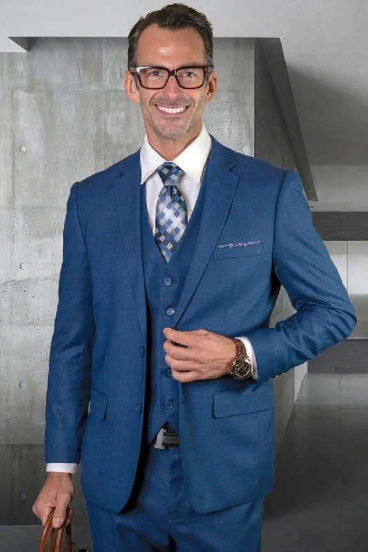 Men's Designer Modern Fit Vested Wool Sharkskin Suit in Sapphire Blue Sophisticated Men's Sophisticated Men's Men's Designer Modern Fit Vested Wool Sharkskin Suit in Sapphire Blue Sophisticated Men's Sophisticated Men's