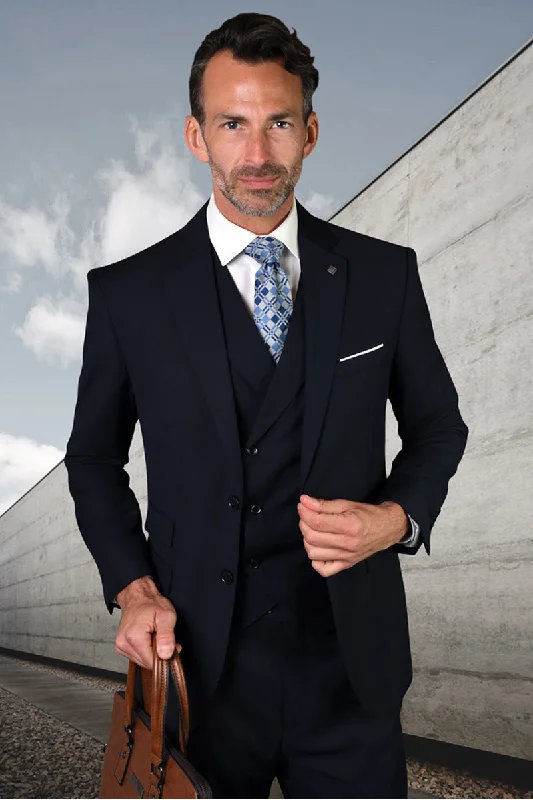 Men's Modern Fit Designer Wool Suit in Navy Blue with a Double Breasted Vest Sleek Men's Metallic Sleek Men's Metallic Men's Modern Fit Designer Wool Suit in Navy Blue with a Double Breasted Vest Sleek Men's Metallic Sleek Men's Metallic
