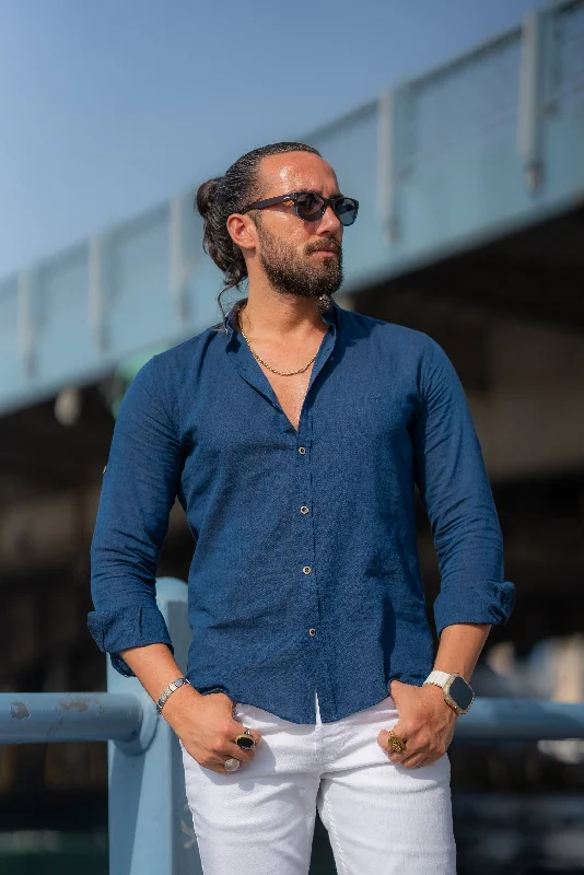 Bojoni Marelli Blue Slim Fit Linen Shirt Sophisticated Men's French Sophisticated Men's French Bojoni Marelli Blue Slim Fit Linen Shirt Sophisticated Men's French Sophisticated Men's French