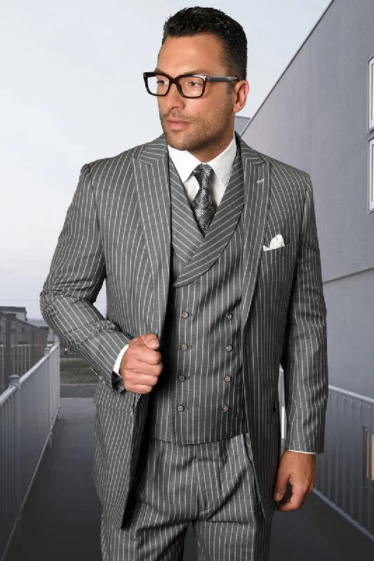 Men's Designer Wool Pleated Pant Vested Suit in Bold Grey Gangster Pinstripe Sleek Men's Contemporary Sleek Men's Contemporary Men's Designer Wool Pleated Pant Vested Suit in Bold Grey Gangster Pinstripe Sleek Men's Contemporary Sleek Men's Contemporary