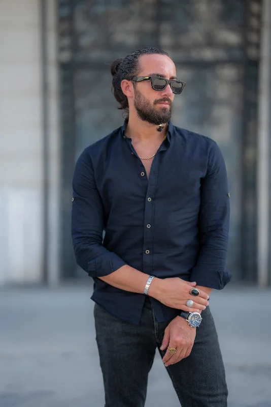 Bojoni Marelli Navy Blue Slim Fit Linen Shirt Modern Men's Tech Modern Men's Tech