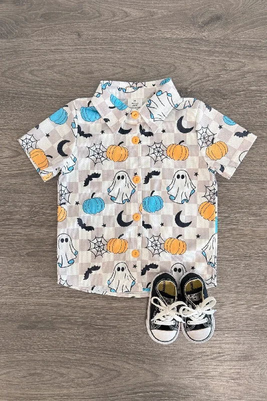 Spooky Checkered Button Down Top Relaxed Men's Beach